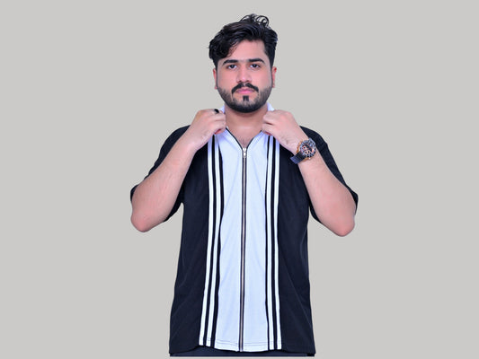 WHITE STRIP BLACK POLO WITH FULL ZIP