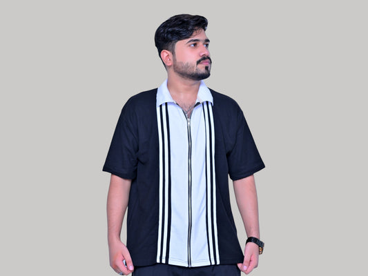 WHITE STRIP BLACK POLO WITH FULL ZIP
