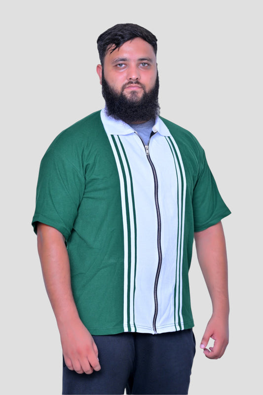 WHITE STRIP Green POLO  WITH FULL ZIP