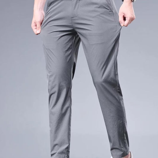 Men's Summer Ice Silk Stretchable Business Pants – Breathable Straight-Leg Trousers with Elastic Waist, Casual Slim Fit